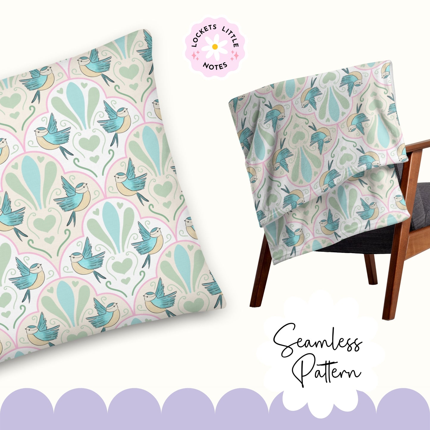 Patterned pillow and blanket with bird design on a chair, featuring 'Lockets Little Notes' brand.