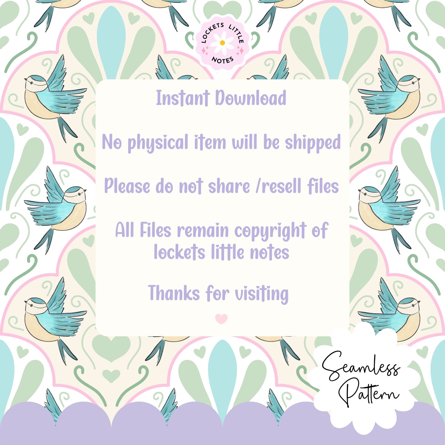 Decorative design with birds and patterns on a white background, featuring text about digital download and copyright.