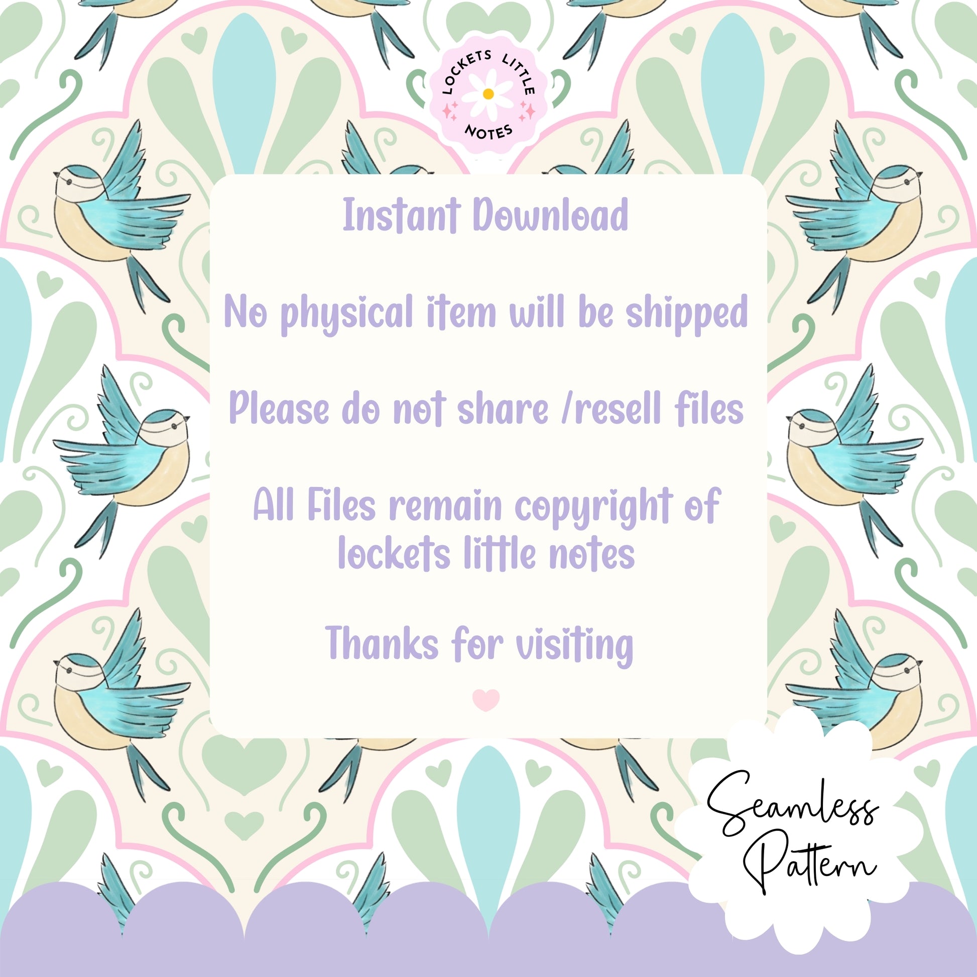 Decorative design with birds and patterns on a white background, featuring text about digital download and copyright.