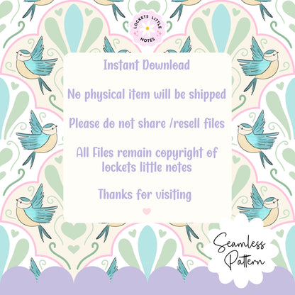 Decorative design with birds and patterns on a white background, featuring text about digital download and copyright.