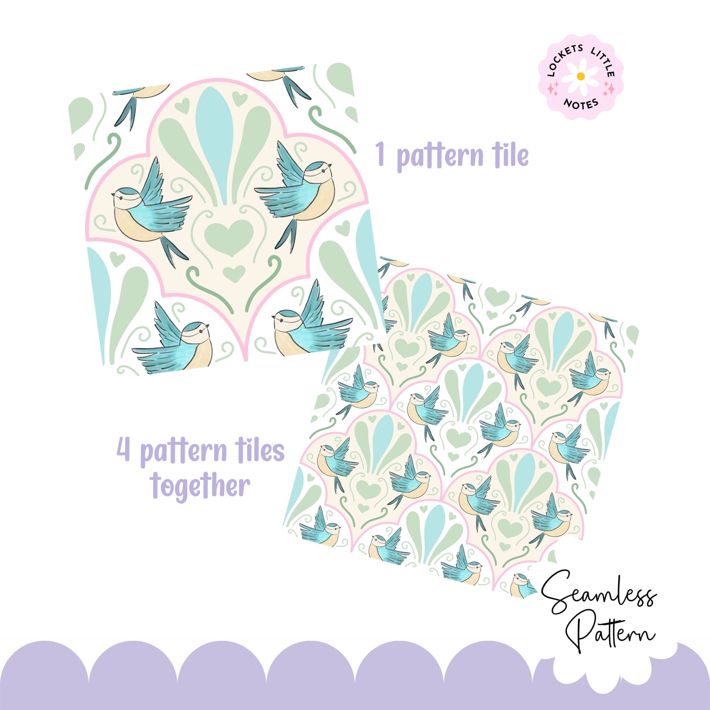 Decorative pattern tile with birds and hearts on a white background, featuring 'Locket's Little Notes' branding.