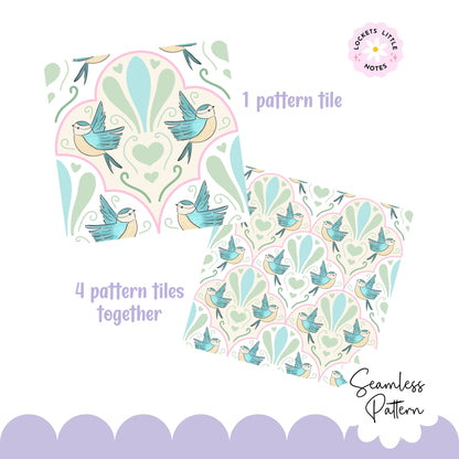 Decorative pattern tile with birds and hearts on a white background, featuring 'Locket's Little Notes' branding.