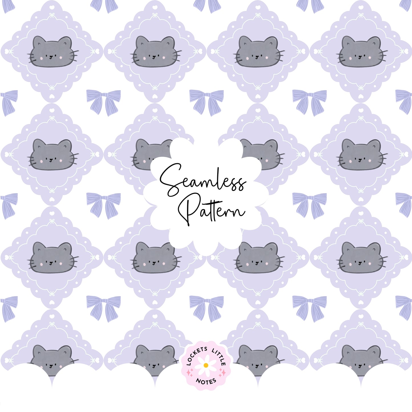 Seamless pattern featuring cute cats and pink bows on a lilac and white diamond harlequin background.