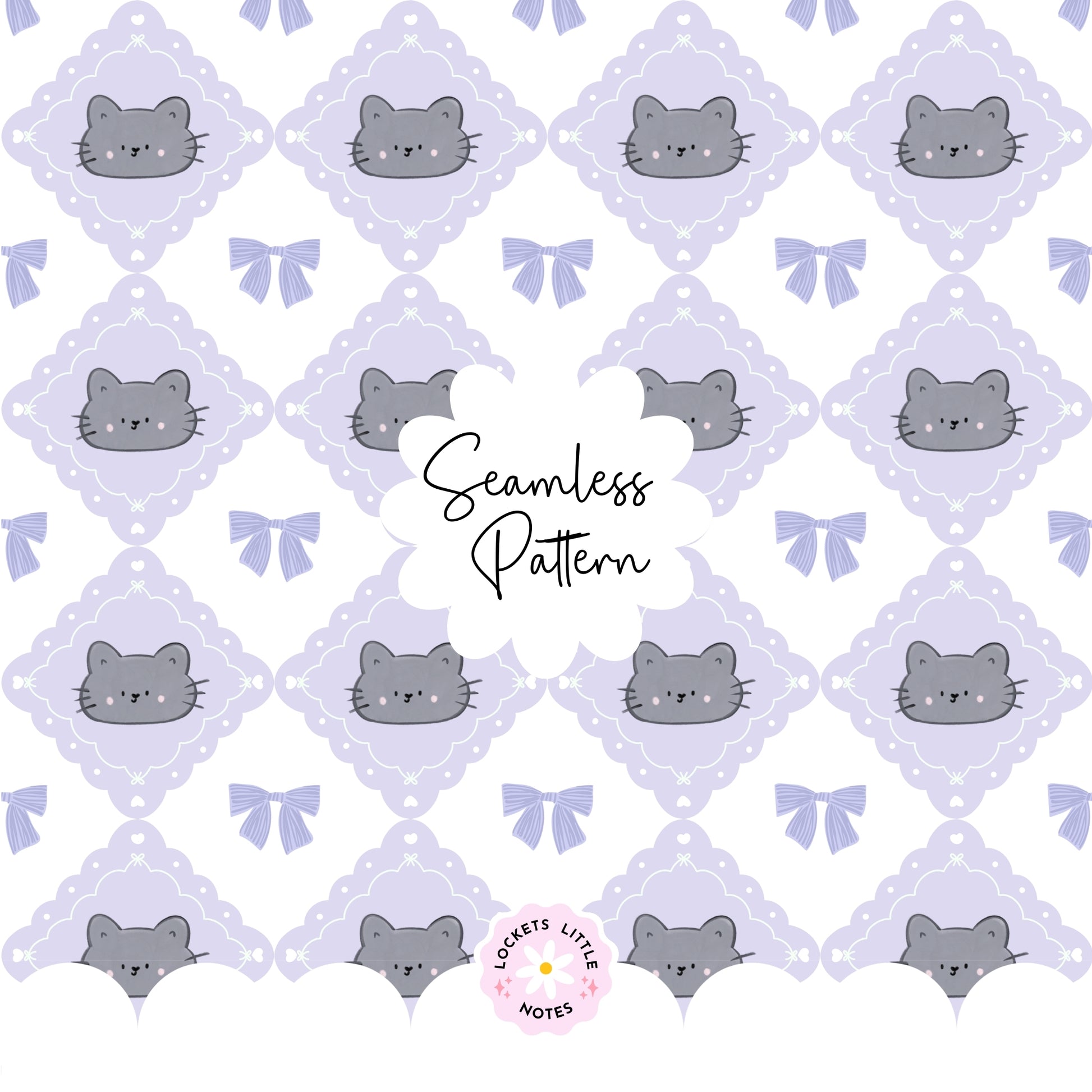 Seamless pattern featuring cute cats and pink bows on a lilac and white diamond harlequin background.