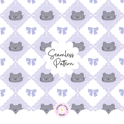 Seamless pattern featuring cute cats and pink bows on a lilac and white diamond harlequin background.