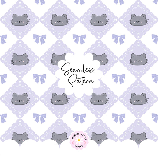 Seamless pattern featuring cute cats and pink bows on a lilac and white diamond harlequin background.