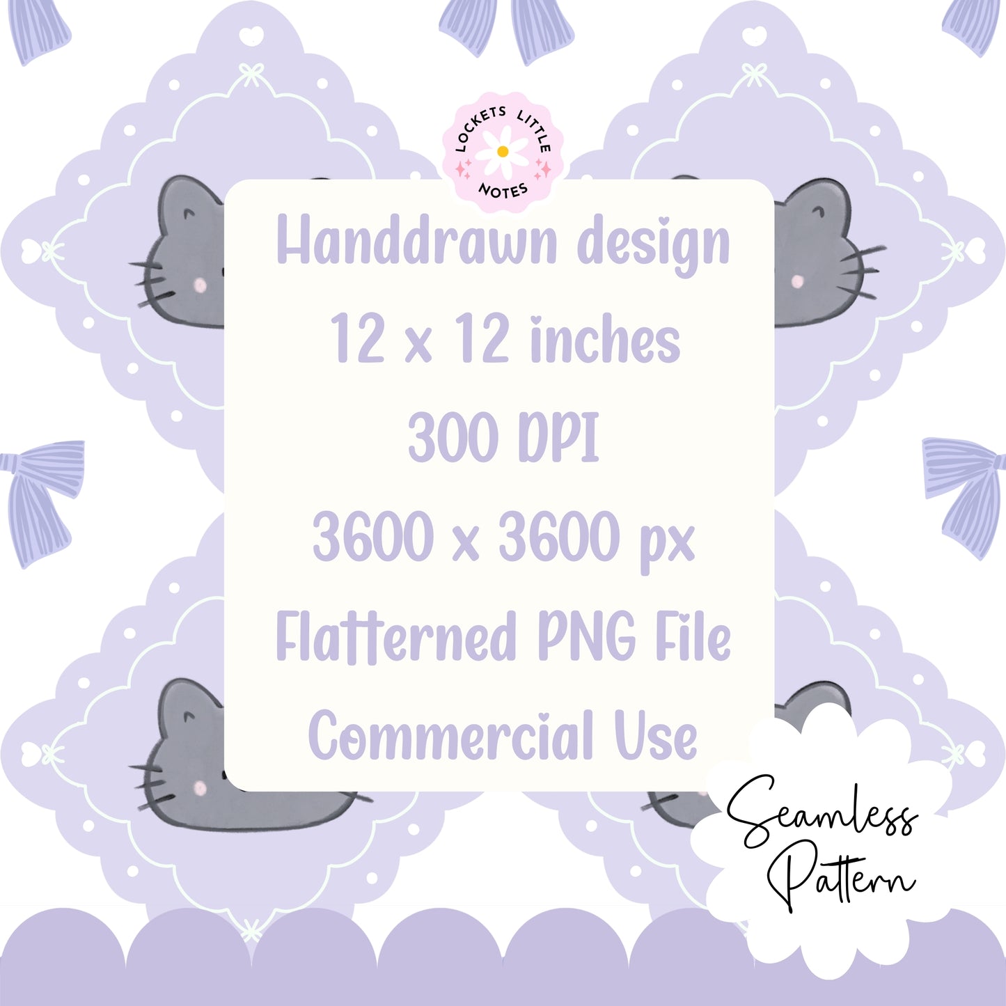 Close-up of a hand-drawn kitten and dainty coquette bow within a lilac diamond frame for fabric printing.