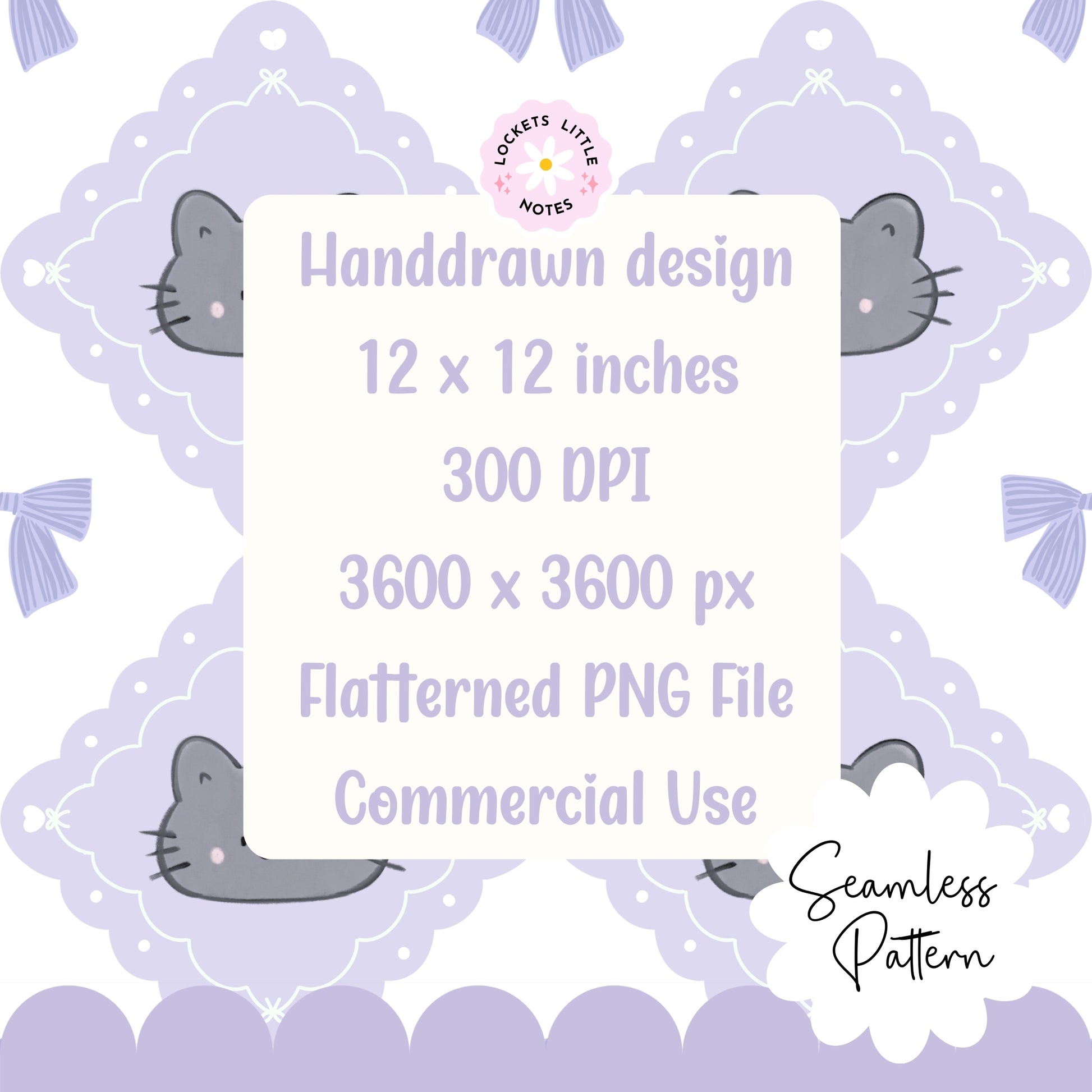 Close-up of a hand-drawn kitten and dainty coquette bow within a lilac diamond frame for fabric printing.