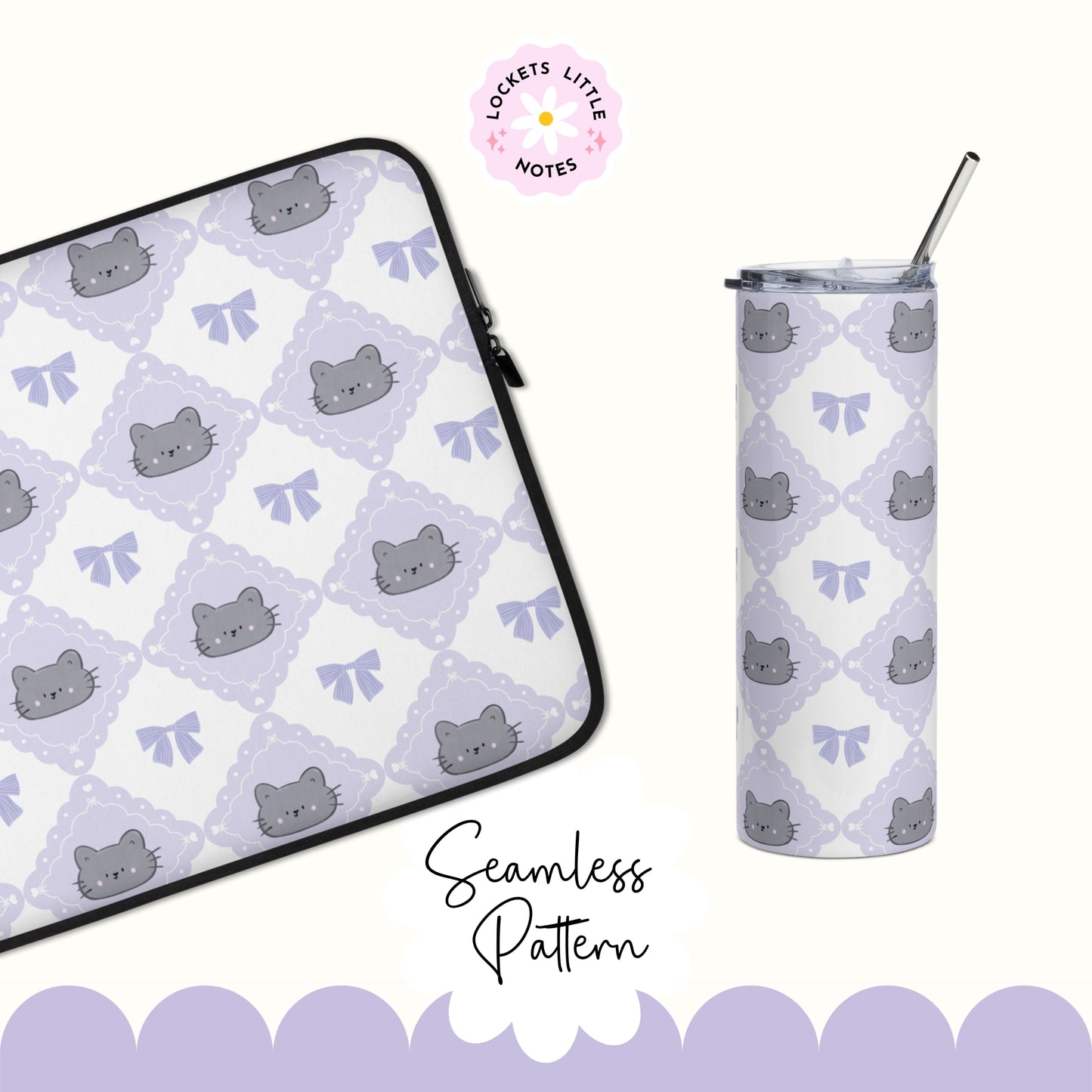 Laptop sleeve and tumbler with cat and bow pattern on a white background