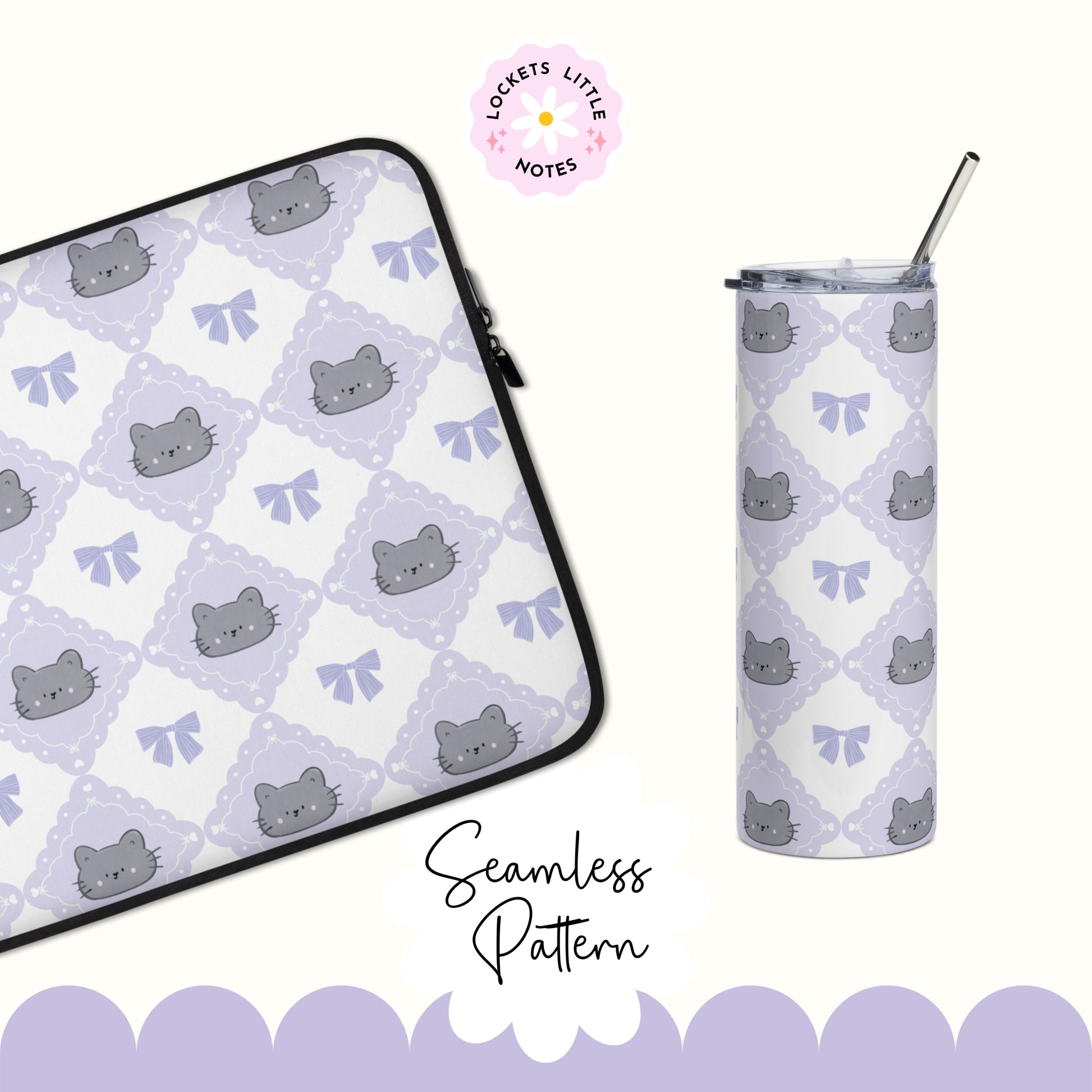 Laptop sleeve and tumbler with cat and bow pattern on a white background