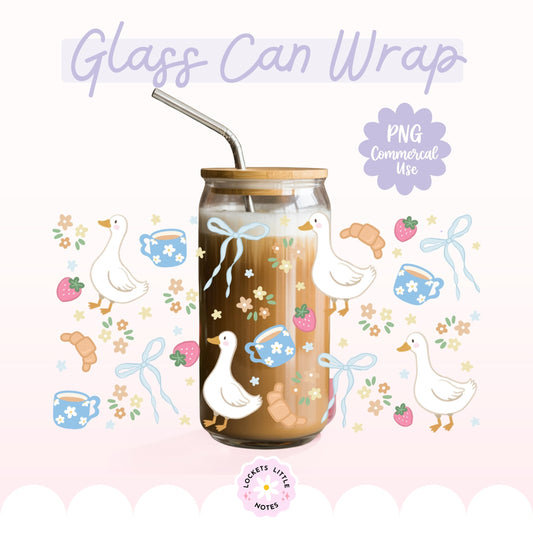 Cute Whimsical Ducks & Cafe Glass Can Wrap PNG | Coquette Coffee Croissant UVDTF Libbey Cup Design | Cottagecore Strawberry Wrap Download