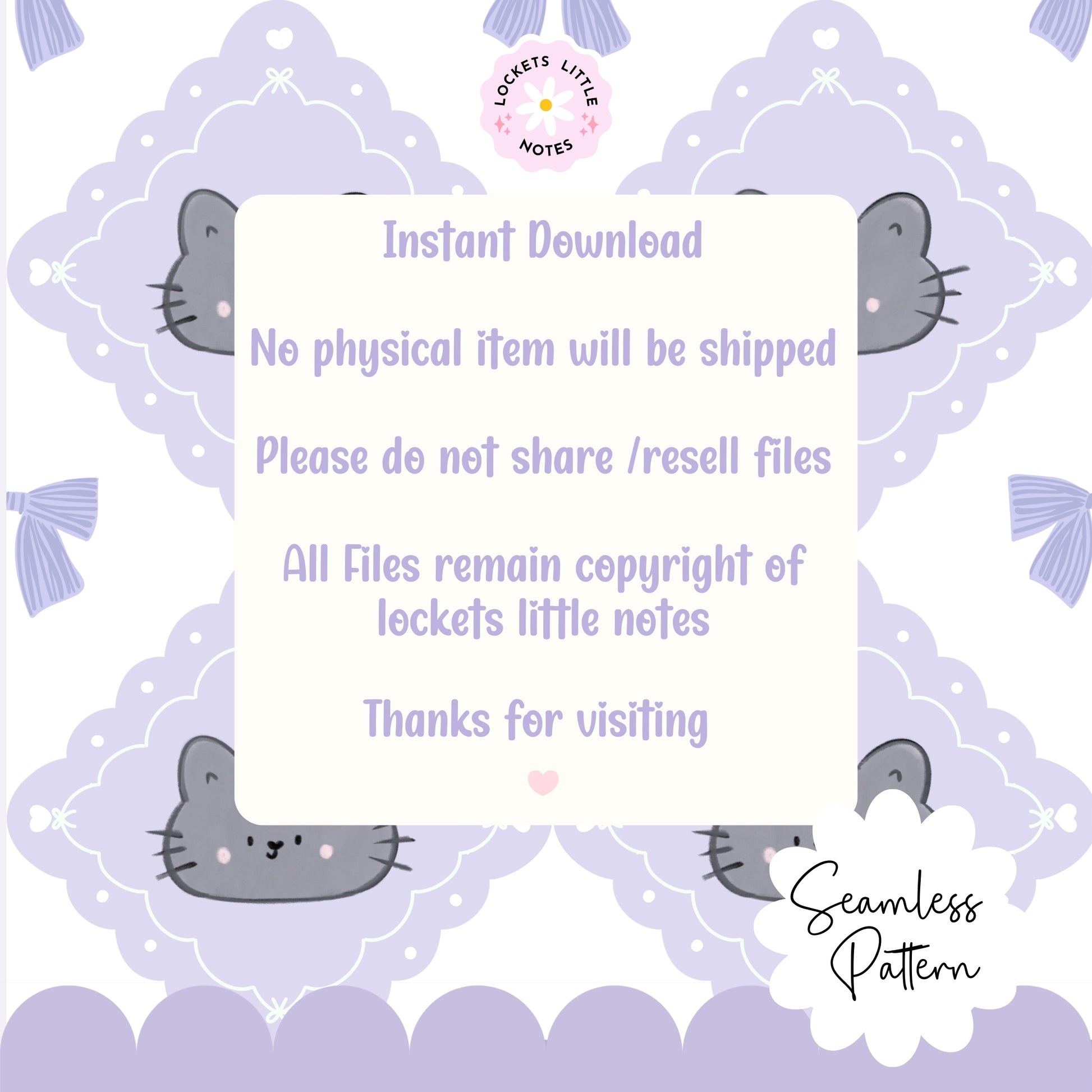 Digital download card with cat illustrations on a lilac and white diamond patterned grandmillenial style background