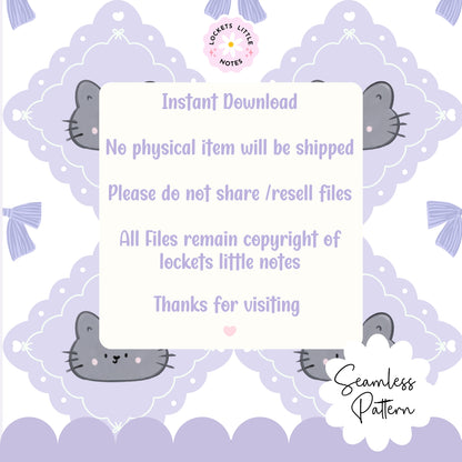 Digital download card with cat illustrations on a lilac and white diamond patterned grandmillenial style background