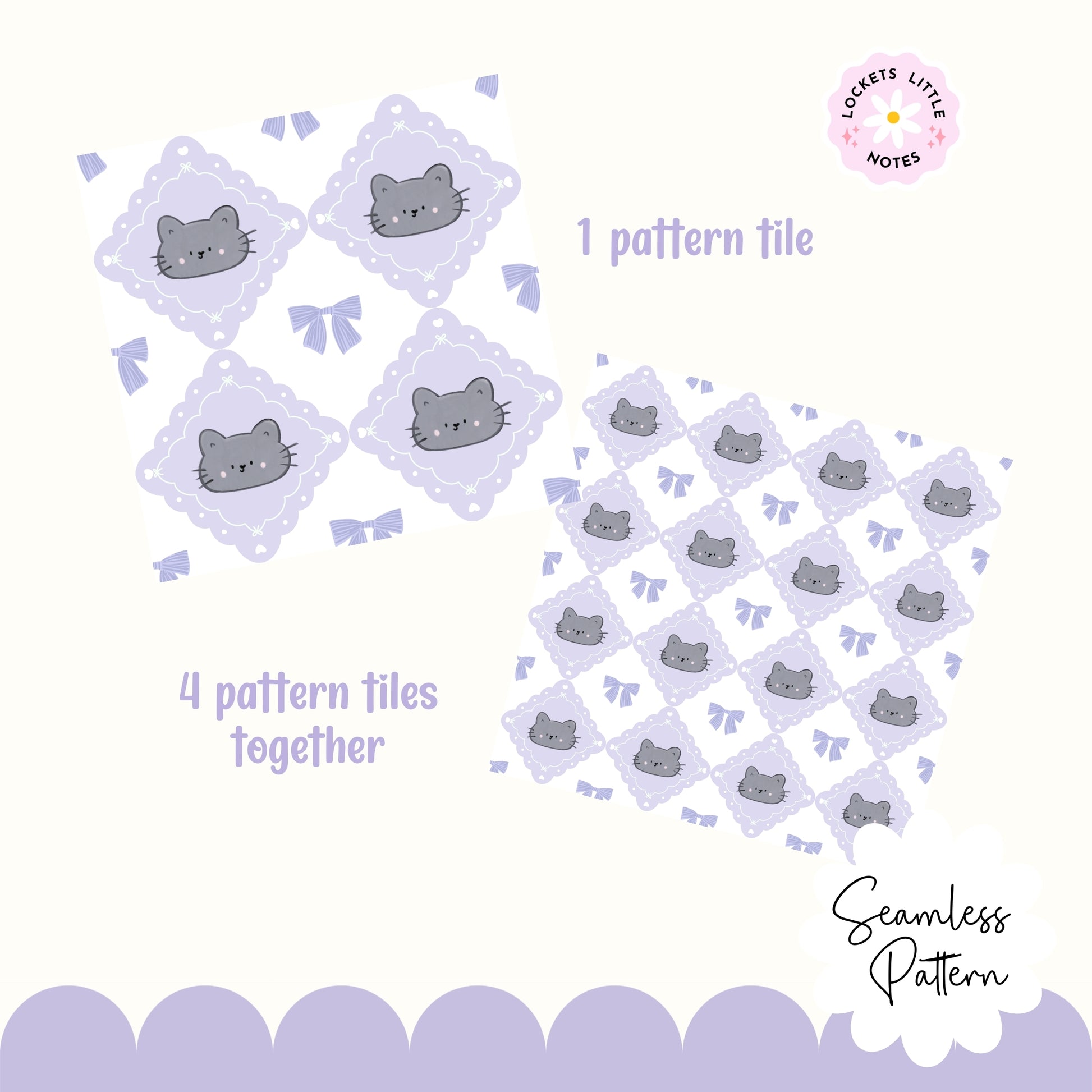 Pattern tiles with cat illustrations and text indicating design information.