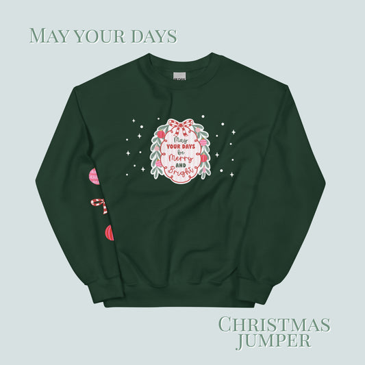 Green Christmas sweater with festive design and text on a light green background