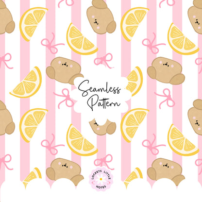 Seamless pattern featuring cute hand-drawn dogs,lemons and pink bows on a classic pink and white striped background.