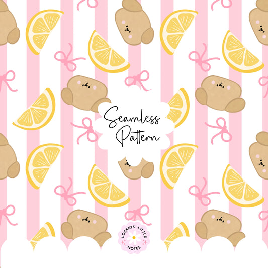 Seamless pattern featuring cute hand-drawn dogs,lemons and pink bows on a classic pink and white striped background.