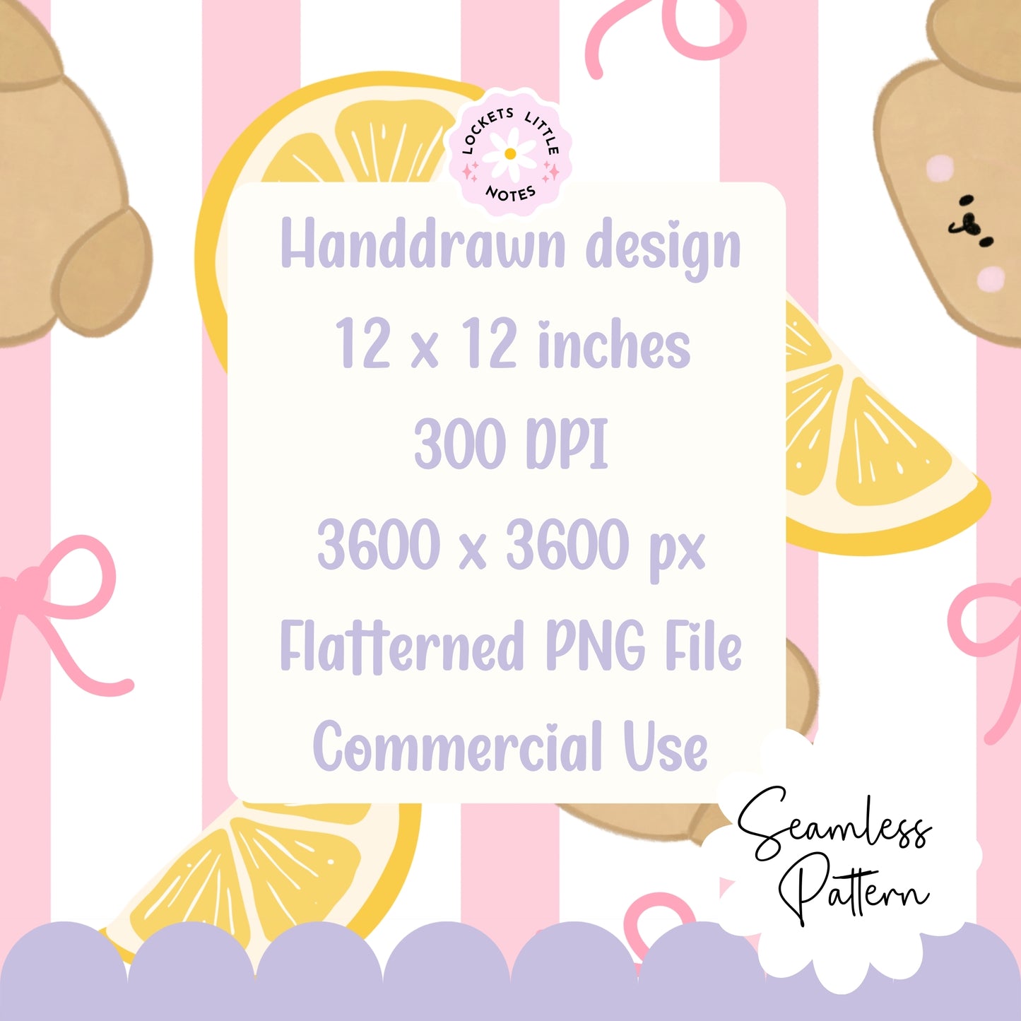 Seamless pattern featuring cute hand-drawn dogs, lemons and pink bows on a classic pink and white striped background.