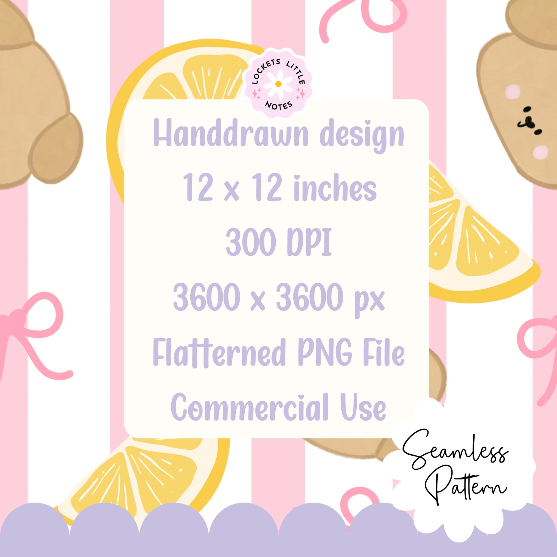 Seamless pattern featuring cute hand-drawn dogs, lemons and pink bows on a classic pink and white striped background.