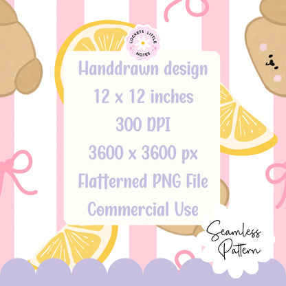 Seamless pattern featuring cute hand-drawn dogs, lemons and pink bows on a classic pink and white striped background.