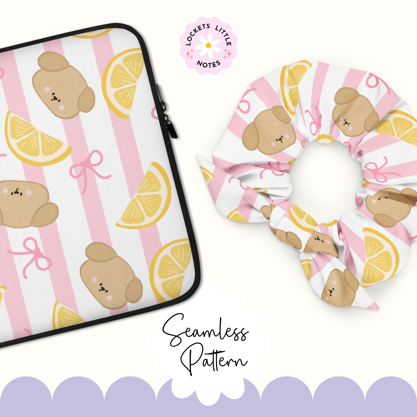 Seamless pattern featuring cute hand-drawn dogs,lemons and pink bows on a classic pink and white striped background.  Printed on fabric examples laptop cases and hair scrunchies.