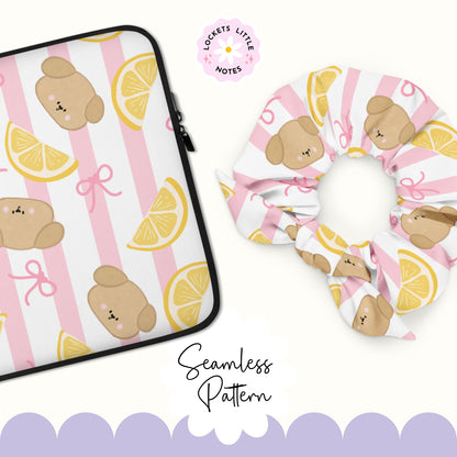 Seamless pattern featuring cute hand-drawn dogs,lemons and pink bows on a classic pink and white striped background.  Printed on fabric examples laptop cases and hair scrunchies.