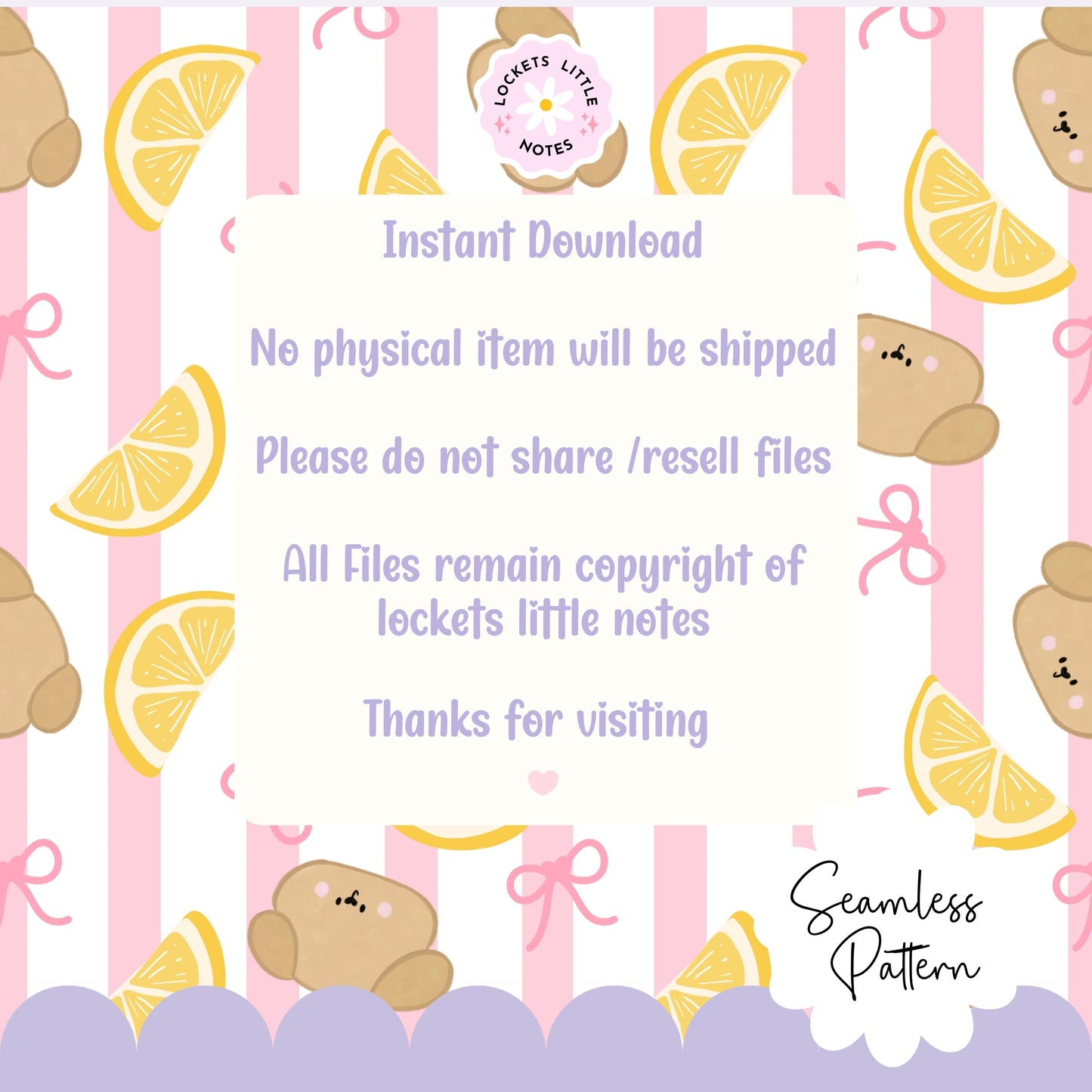 Seamless pattern featuring cute hand-drawn dogs, lemons and pink bows on a classic pink and white striped background.