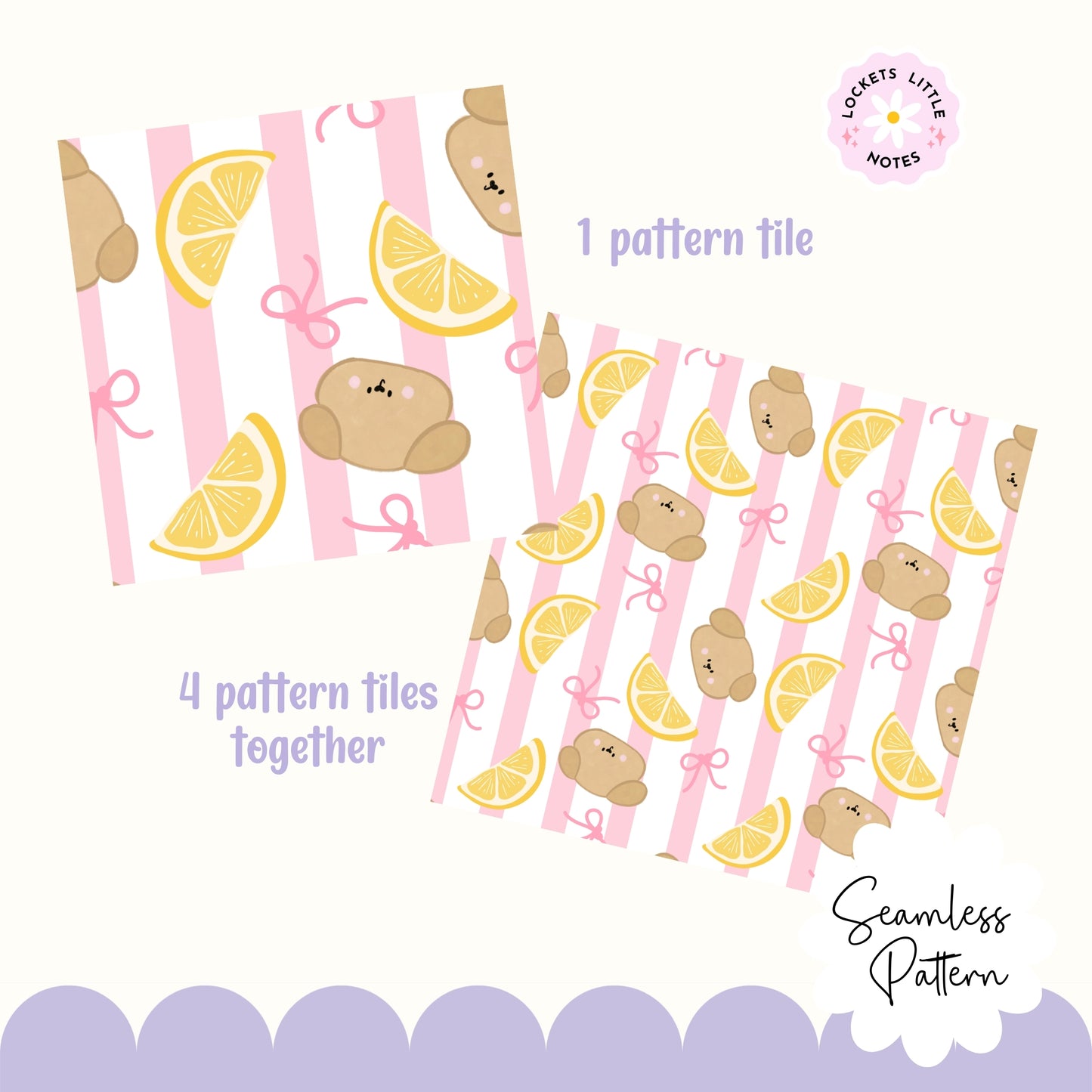 Seamless pattern featuring cute hand-drawn dogs,lemons and pink bows on a classic pink and white striped background.
