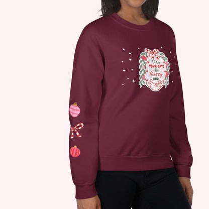 Maroon sweatshirt with Christmas-themed design on a white background
