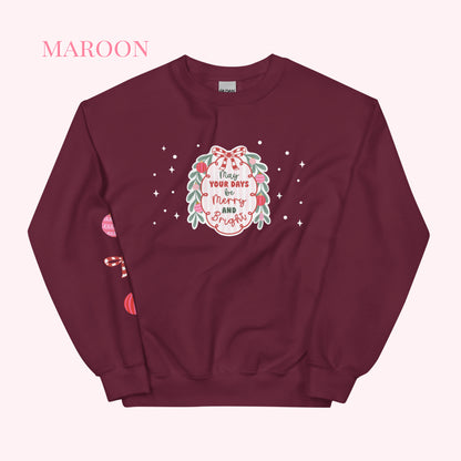 Maroon sweatshirt with festive design on a white background