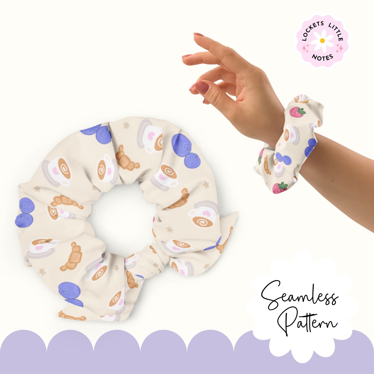 Seamless pattern featuring hand-illustrated buttery croissants, steaming latte cups with latte art, fresh blueberries, and sliced red strawberries on a neutral background.