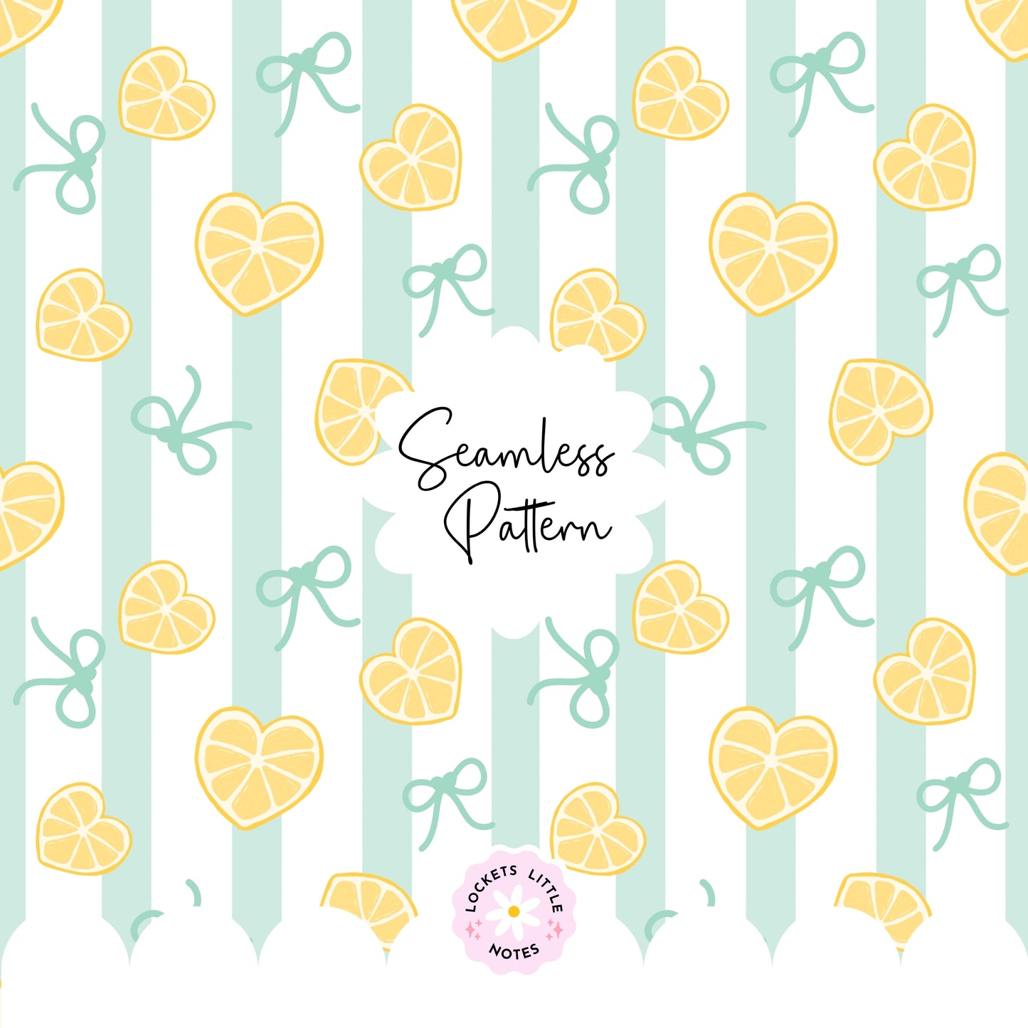 Seamless pattern featuring bright lemon slices and sage green bows on a green and white striped background.