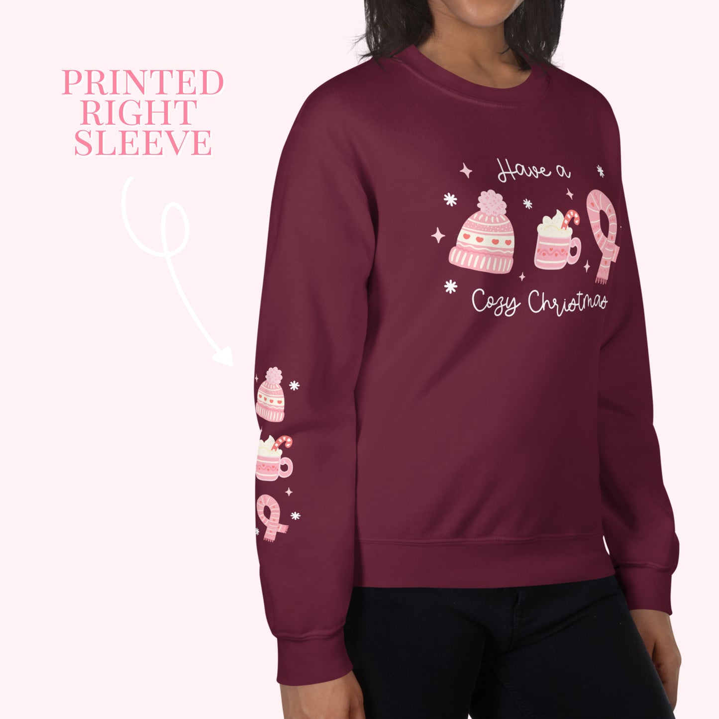 Maroon sweatshirt with Christmas-themed design on a white background