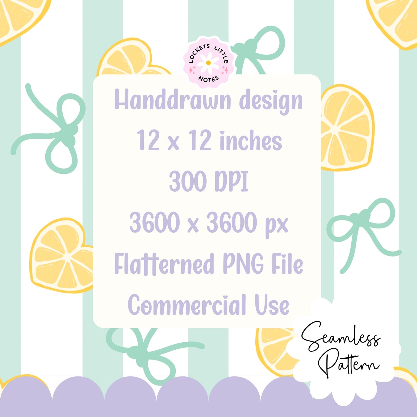 Close-up of hand-drawn yellow lemons and a dainty green coquette bow on a striped summer fabric print.