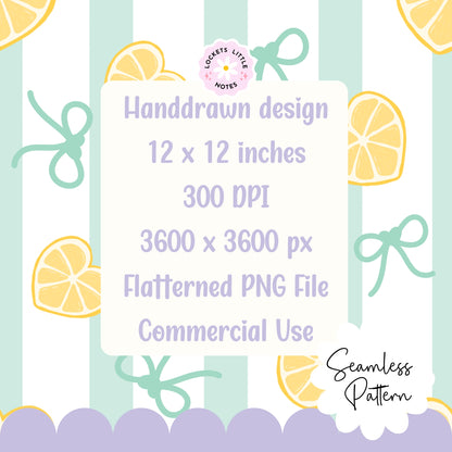 Close-up of hand-drawn yellow lemons and a dainty green coquette bow on a striped summer fabric print.