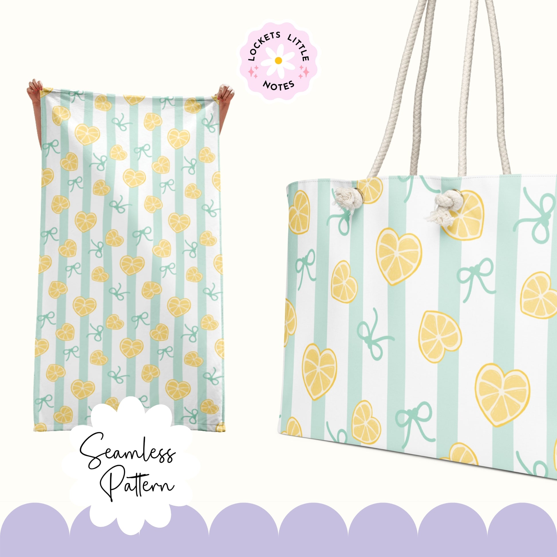 Seamless pattern featuring bright lemon slices and sage green bows on a green and white striped background. printed on a towel and tote bag for example