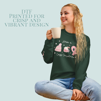 Woman wearing a green sweatshirt with a Christmas design, holding a mug on a light green background.