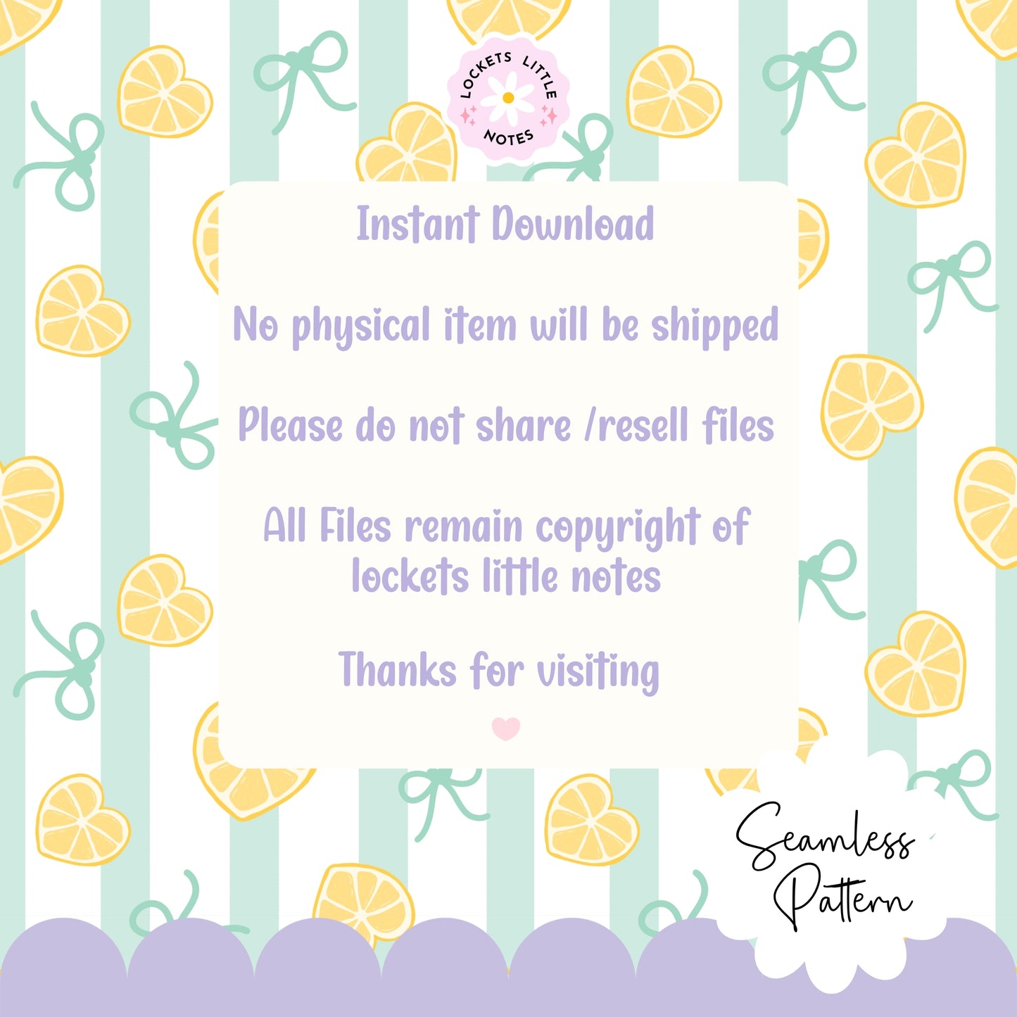 Patterned design with lemons, ribbons, and text on a light gren and white striped background.