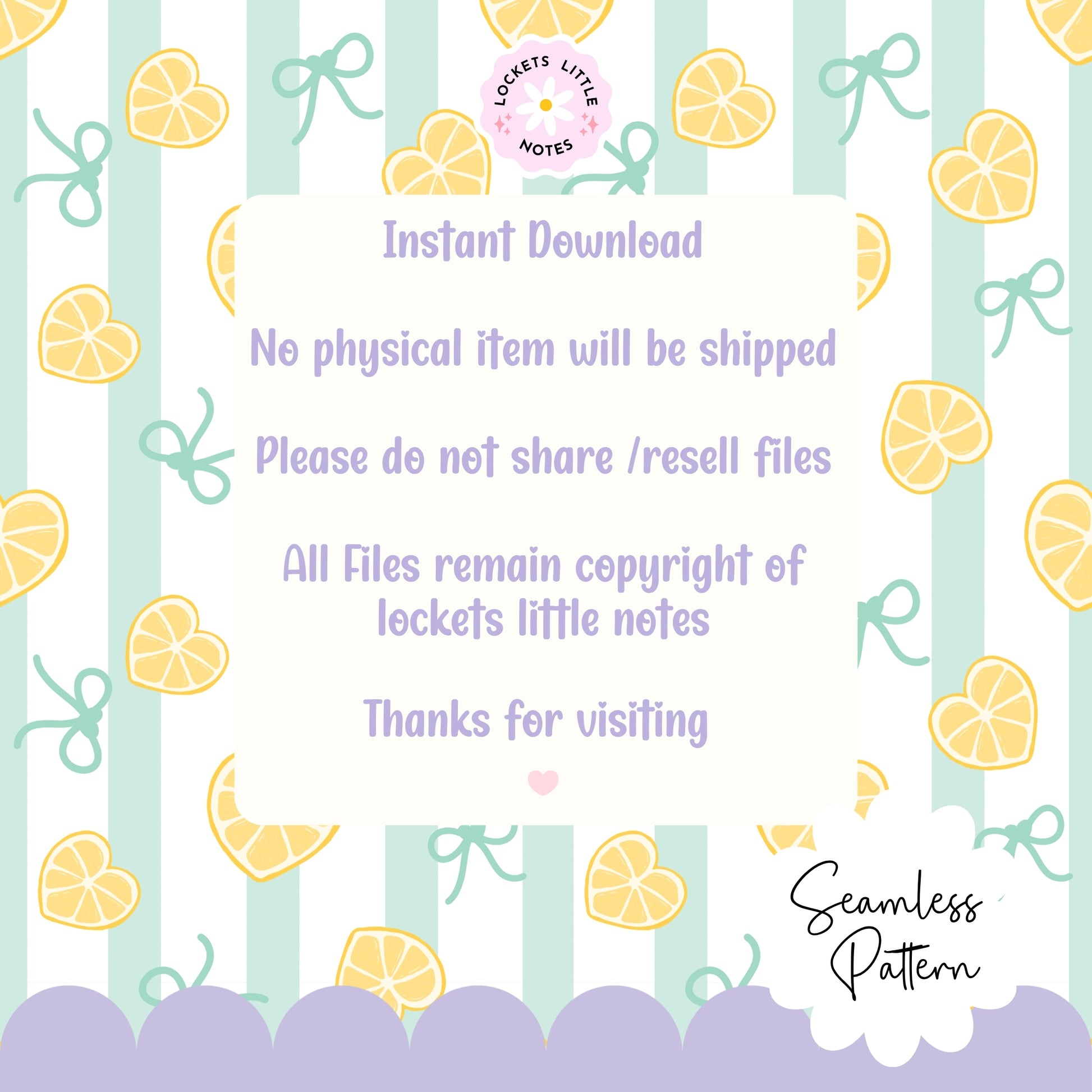 Patterned design with lemons, ribbons, and text on a light gren and white striped background.