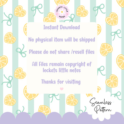 Patterned design with lemons, ribbons, and text on a light gren and white striped background.