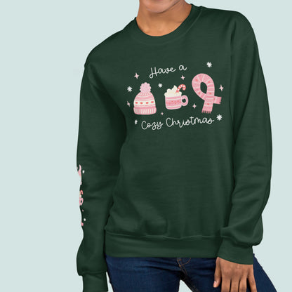 Green sweatshirt with Christmas-themed graphics and text on a green background