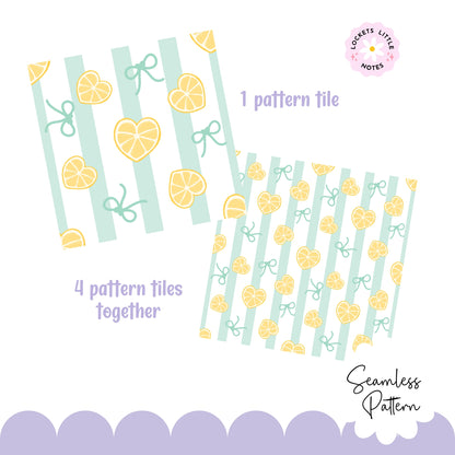 1 tile example and 4 tiles together sample for this seamless pattern.  lemon and bow design on a green and white stripe background