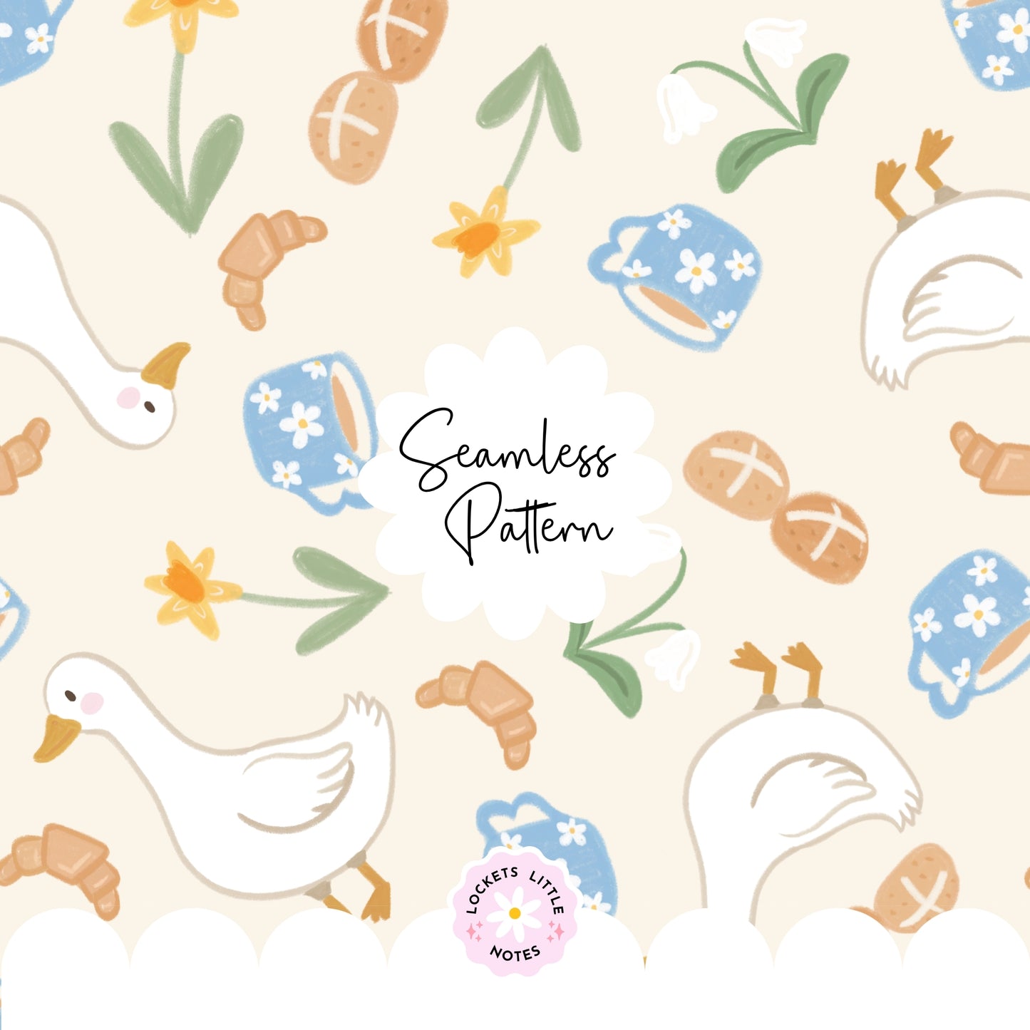 Seamless spring pattern featuring white ducks, hot cross buns, daffodils, and a blue floral mug on a cream background.