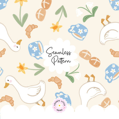 Seamless spring pattern featuring white ducks, hot cross buns, daffodils, and a blue floral mug on a cream background.