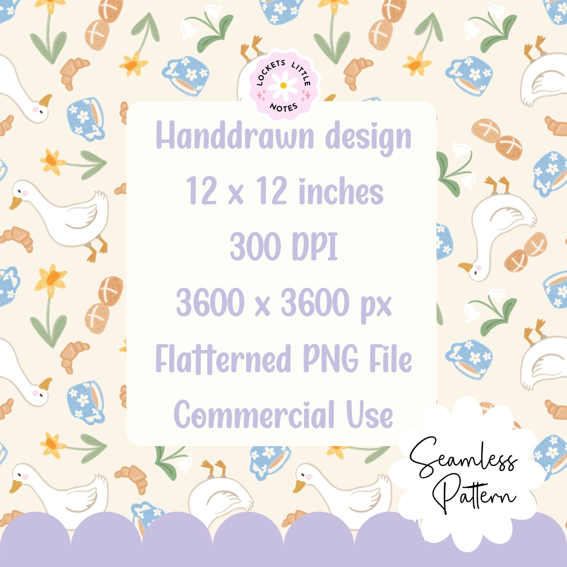 Seamless spring pattern featuring white ducks, hot cross buns, daffodils, and a blue floral mug on a cream background.
