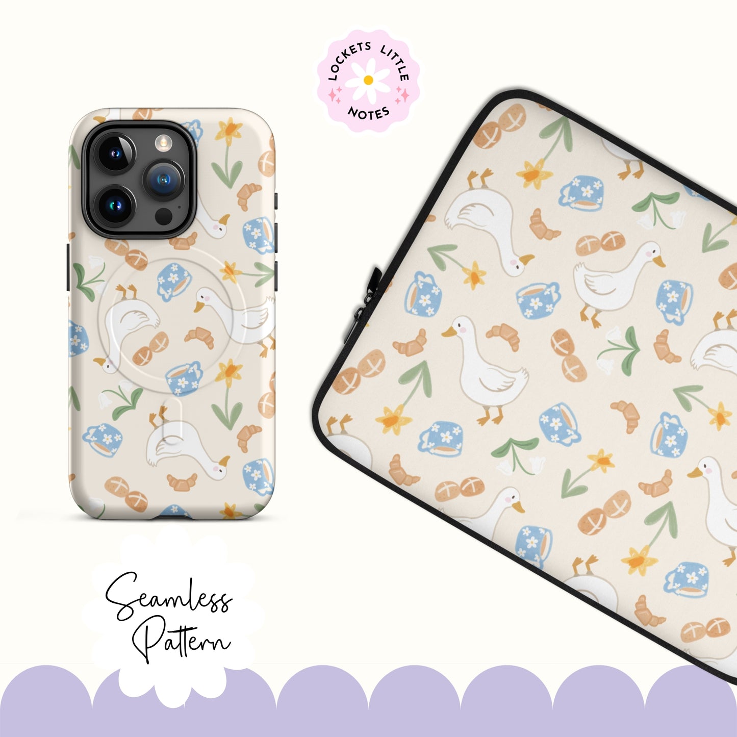 Seamless spring pattern featuring white ducks, hot cross buns, daffodils, and a blue floral mug on a cream background.