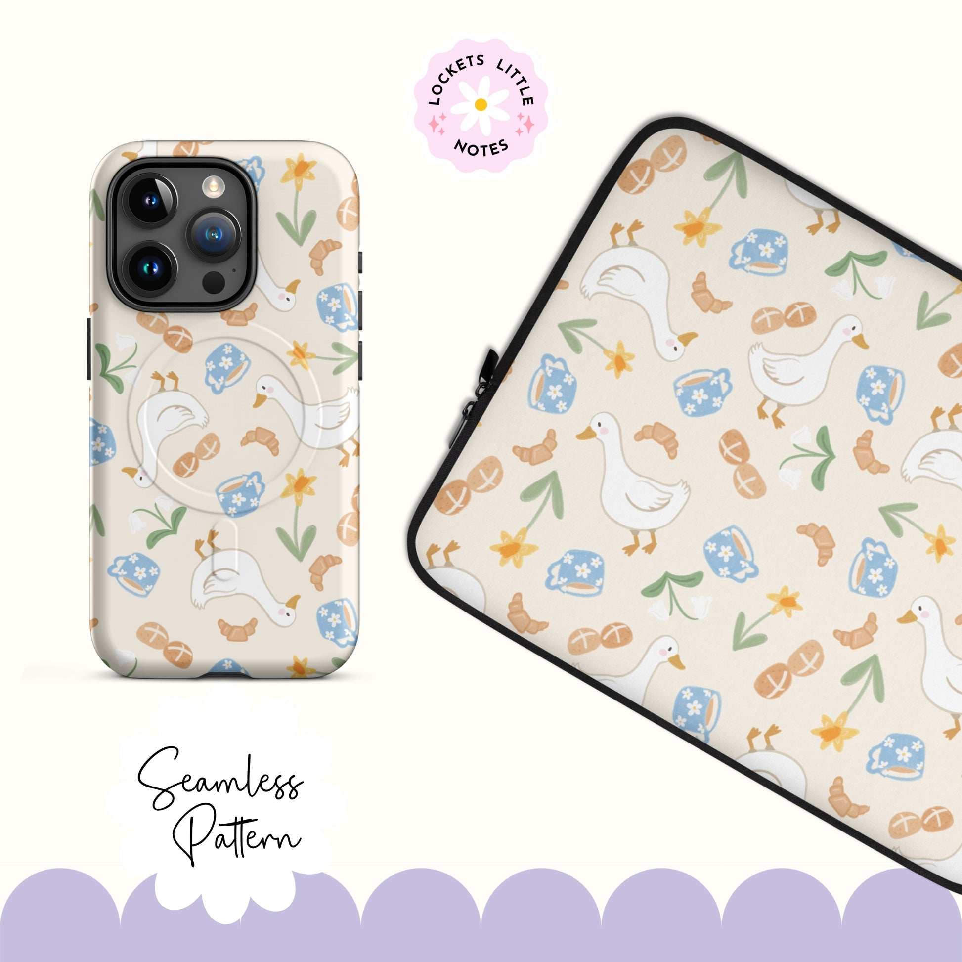 Seamless spring pattern featuring white ducks, hot cross buns, daffodils, and a blue floral mug on a cream background.